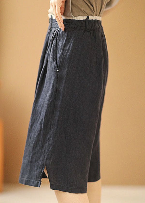 Vintage Navy Elastic Waist Pockets Linen Straight Pants Shorts Summer - Omychic