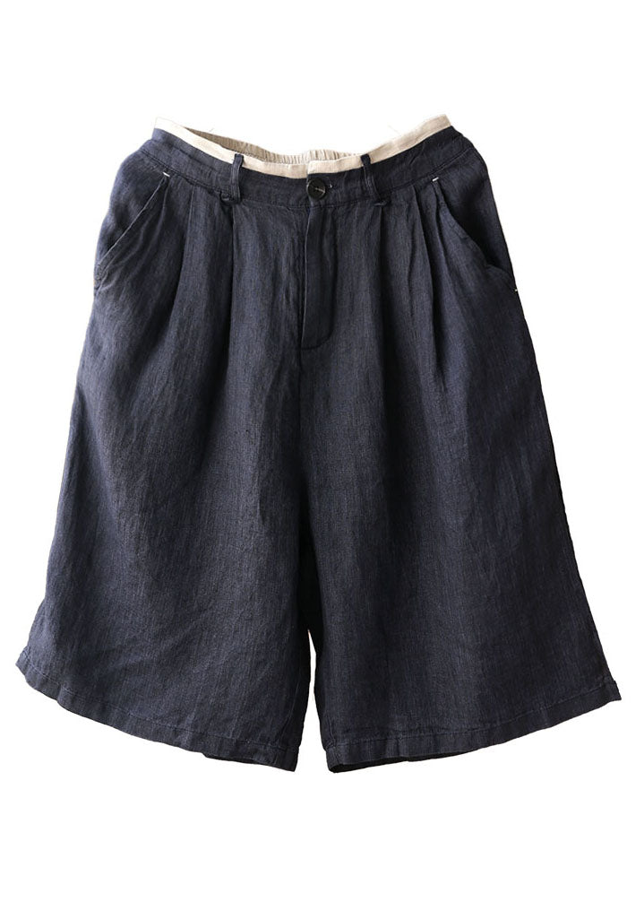 Vintage Navy Elastic Waist Pockets Linen Straight Pants Shorts Summer - Omychic