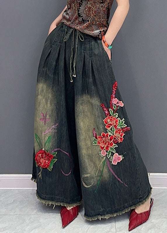 Vintage Navy Embroideried Tie Waist Pockets Wide Leg Denim Pants