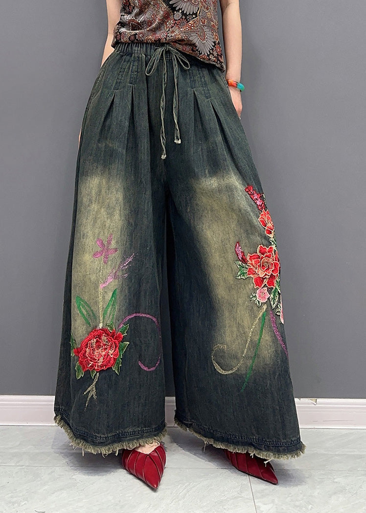 Vintage Navy Embroideried Tie Waist Pockets Wide Leg Denim Pants