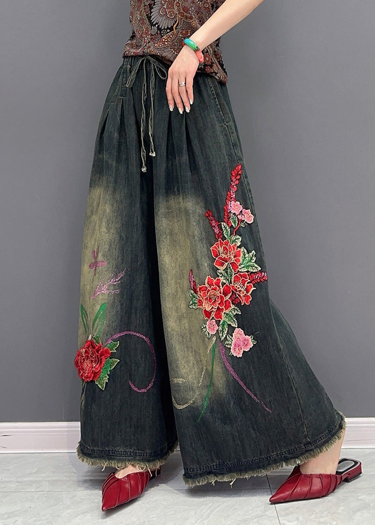 Vintage Navy Embroideried Tie Waist Pockets Wide Leg Denim Pants