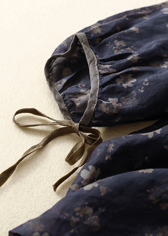 Vintage Navy O Neck Lace Up Print Linen Tops Bracelet Sleeve