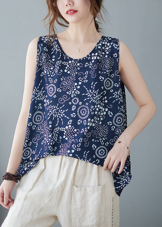 Vintage Navy O Neck Print Patchwork Cotton T Shirt Top Sleeveless