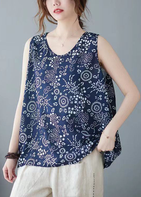 Vintage Navy O Neck Print Patchwork Cotton T Shirt Top Sleeveless