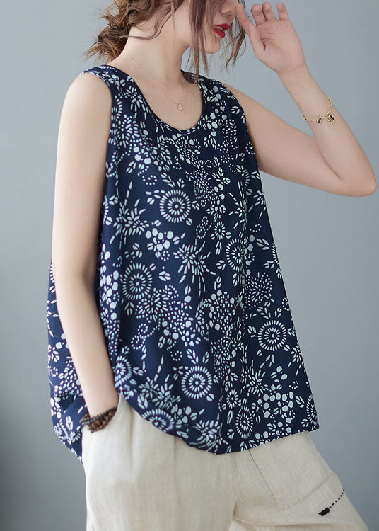 Vintage Navy O Neck Print Patchwork Cotton T Shirt Top Sleeveless
