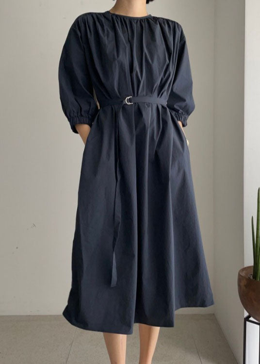 Vintage Navy O-Neck tie waist Cotton Mid Dress Half Sleeve Long Dress