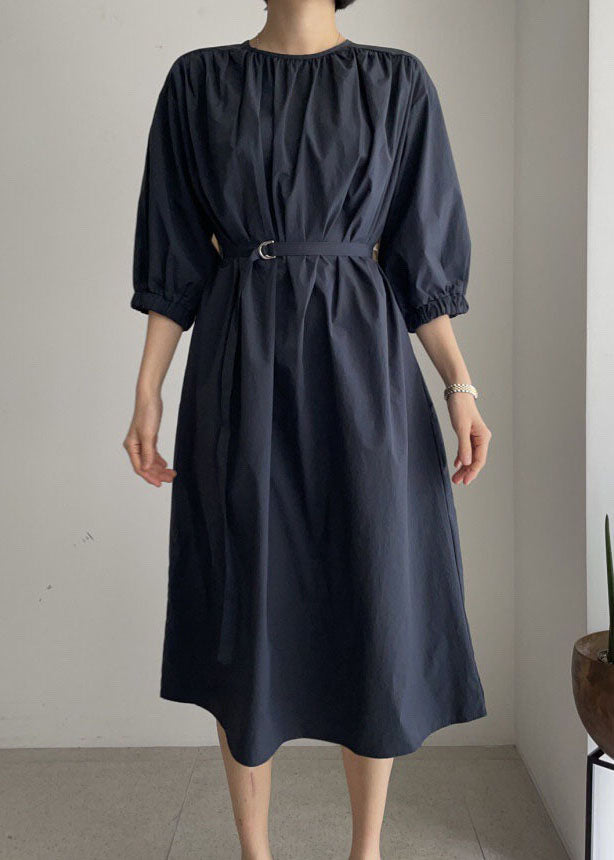 Vintage Navy O-Neck tie waist Cotton Mid Dress Half Sleeve Long Dress