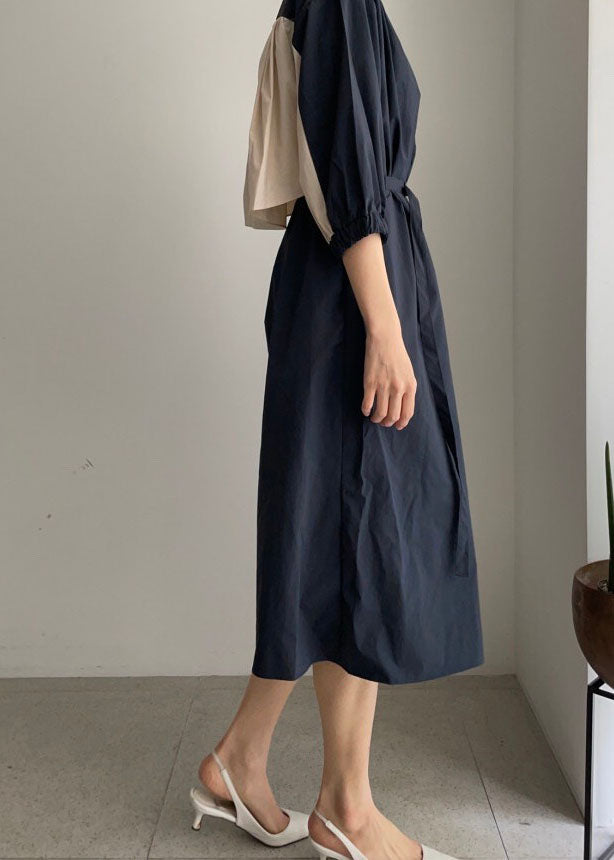 Vintage Navy O-Neck tie waist Cotton Mid Dress Half Sleeve Long Dress