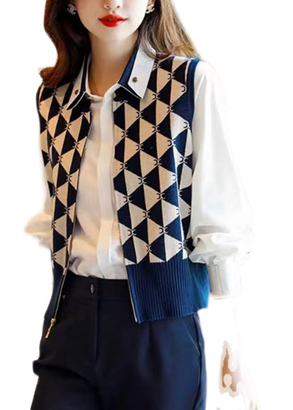 Vintage Navy Peter Pan Collar Asymmetrical Knit waistcoat Sleeve