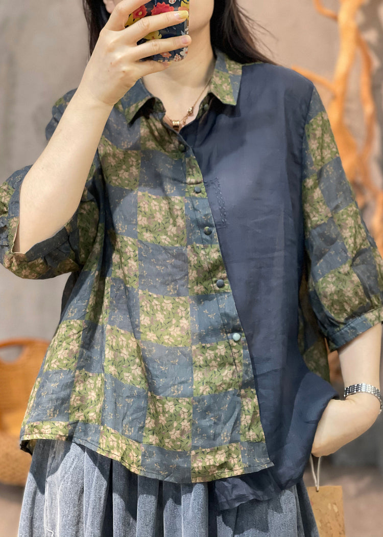 Vintage Navy Peter Pan Collar Print Patchwork Cotton Shirt Fall - Omychic