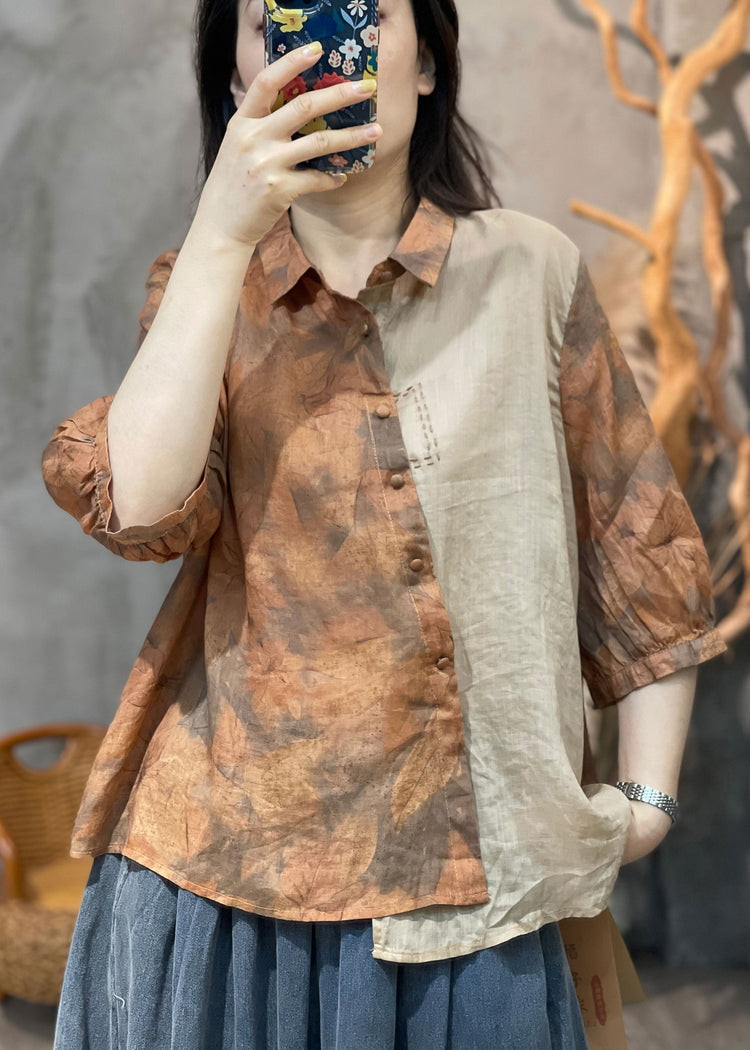 Vintage Navy Peter Pan Collar Print Patchwork Cotton Shirt Fall - Omychic