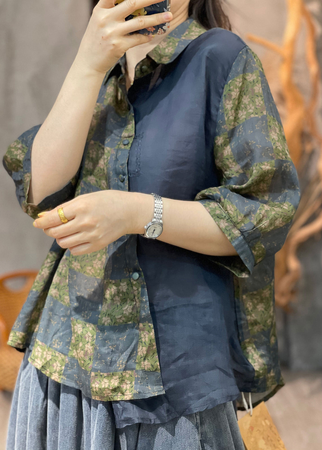 Vintage Navy Peter Pan Collar Print Patchwork Cotton Shirt Fall - Omychic