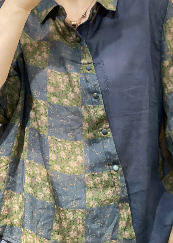 Vintage Navy Peter Pan Collar Print Patchwork Cotton Shirt Fall - Omychic