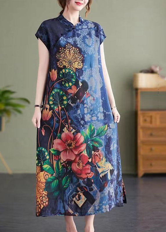 Vintage Navy Stand Collar Side Open Print Cheongsam Dresses Short Sleeve - Omychic