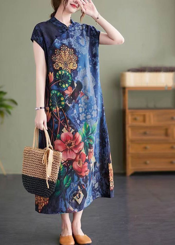 Vintage Navy Stand Collar Side Open Print Cheongsam Dresses Short Sleeve - Omychic