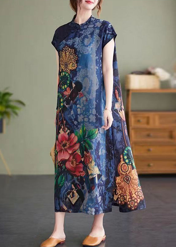 Vintage Navy Stand Collar Side Open Print Cheongsam Dresses Short Sleeve - Omychic
