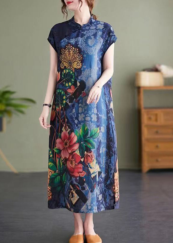 Vintage Navy Stand Collar Side Open Print Cheongsam Dresses Short Sleeve - Omychic