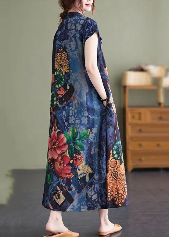 Vintage Navy Stand Collar Side Open Print Cheongsam Dresses Short Sleeve - Omychic