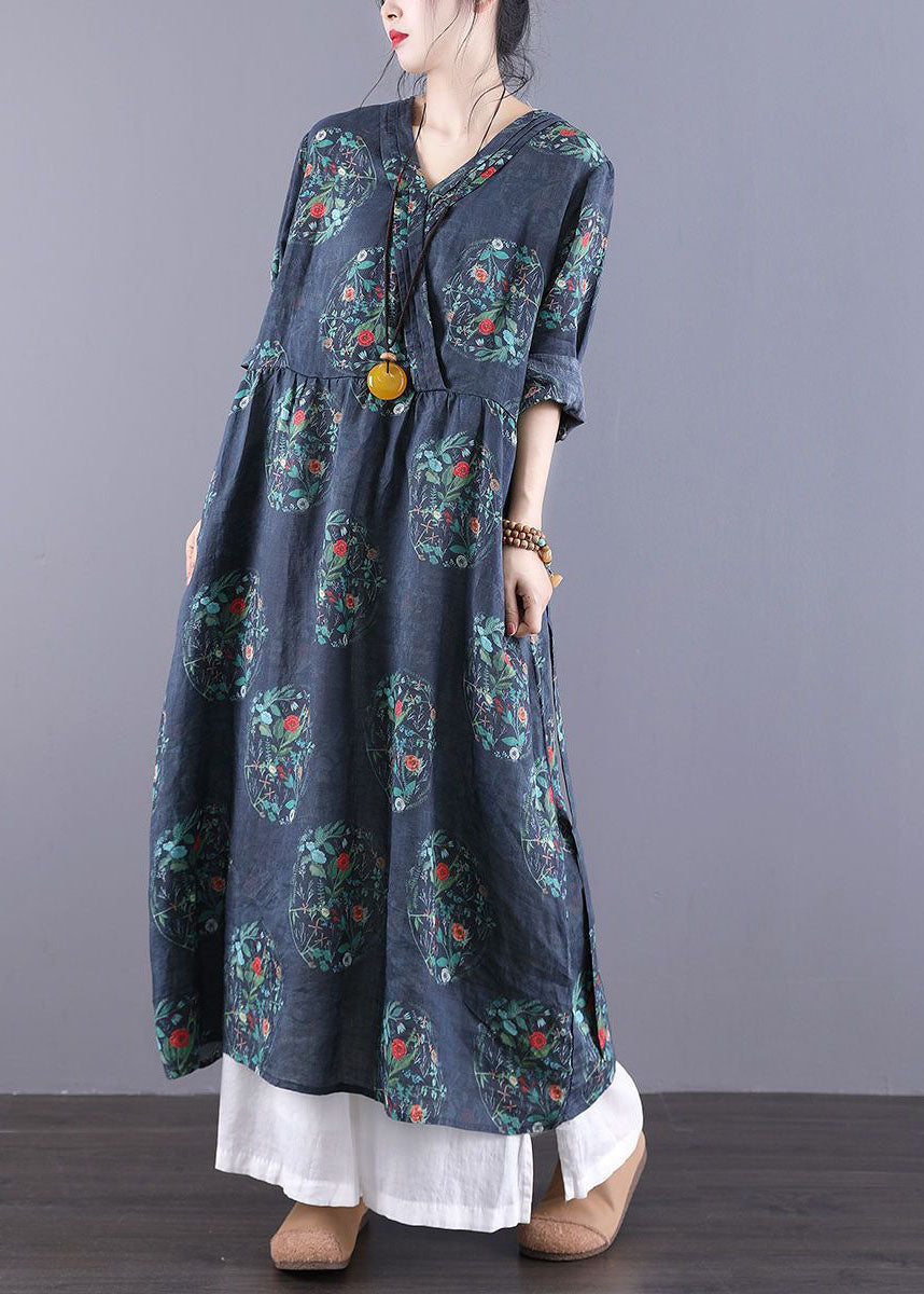 Vintage Navy V Neck Print Side Open Linen Oriental Long Dress Spring