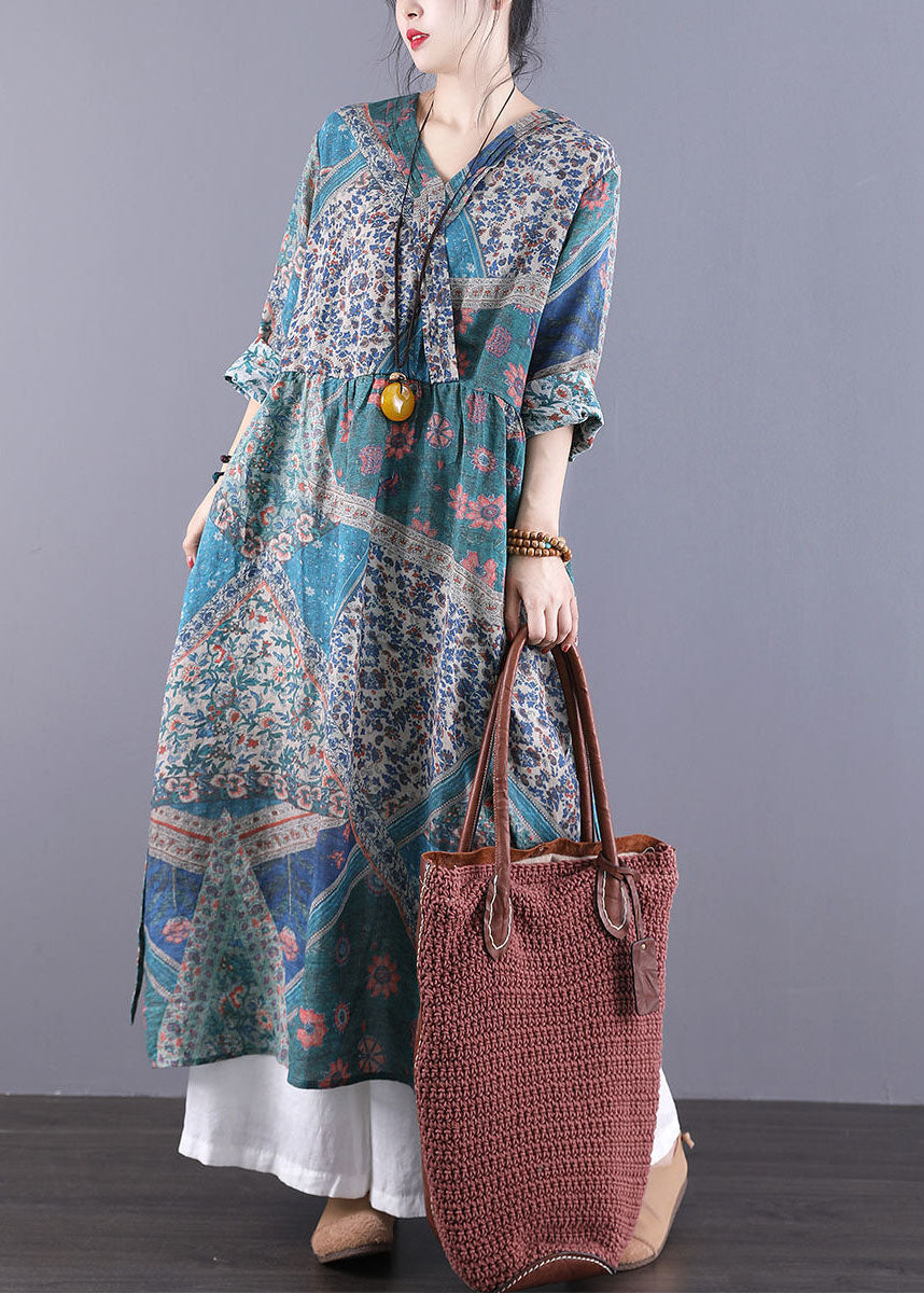 Vintage Navy V Neck Print Side Open Linen Oriental Long Dress Spring