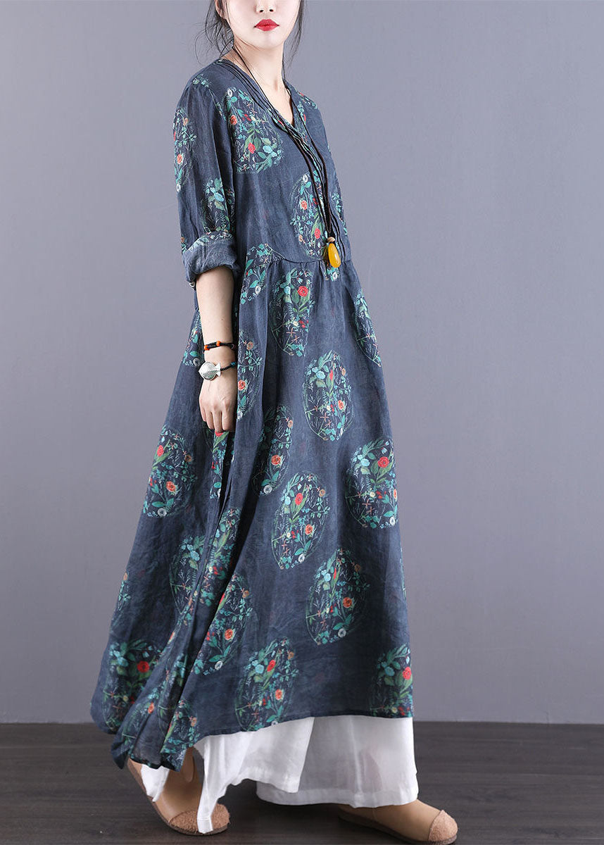 Vintage Navy V Neck Print Side Open Linen Oriental Long Dress Spring