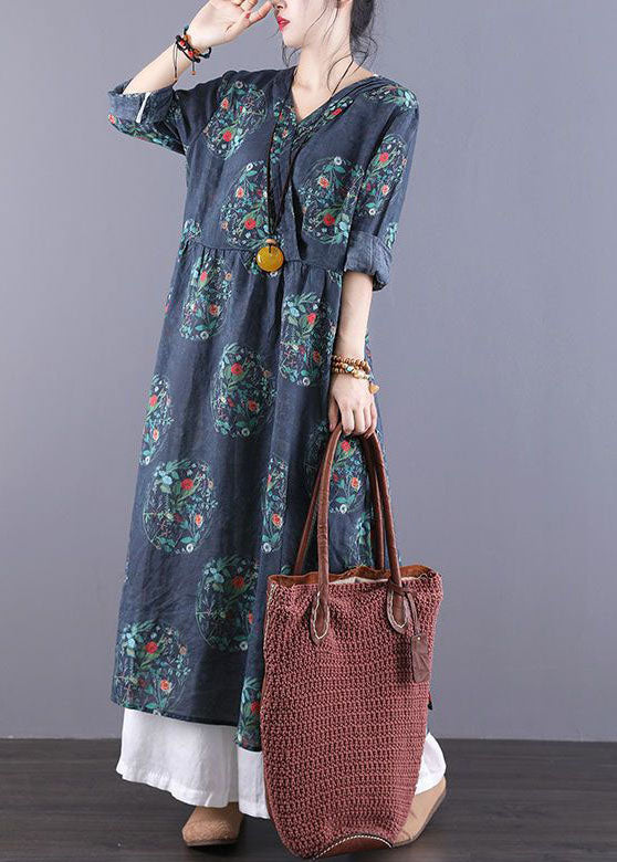 Vintage Navy V Neck Print Side Open Linen Oriental Long Dress Spring