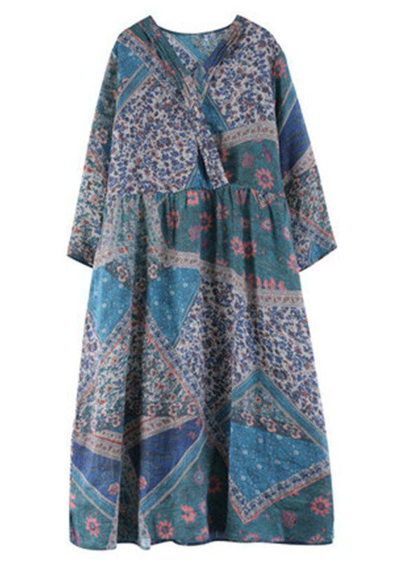 Vintage Navy V Neck Print Side Open Linen Oriental Long Dress Spring