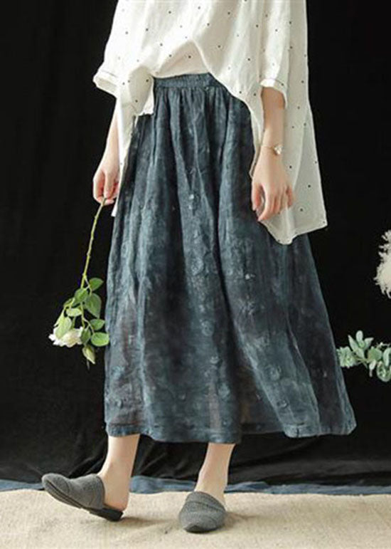 Vintage Navy Wrinkled Pockets Patchwork Linen Skirts Summer