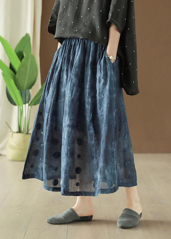 Vintage Navy Wrinkled Pockets Patchwork Linen Skirts Summer