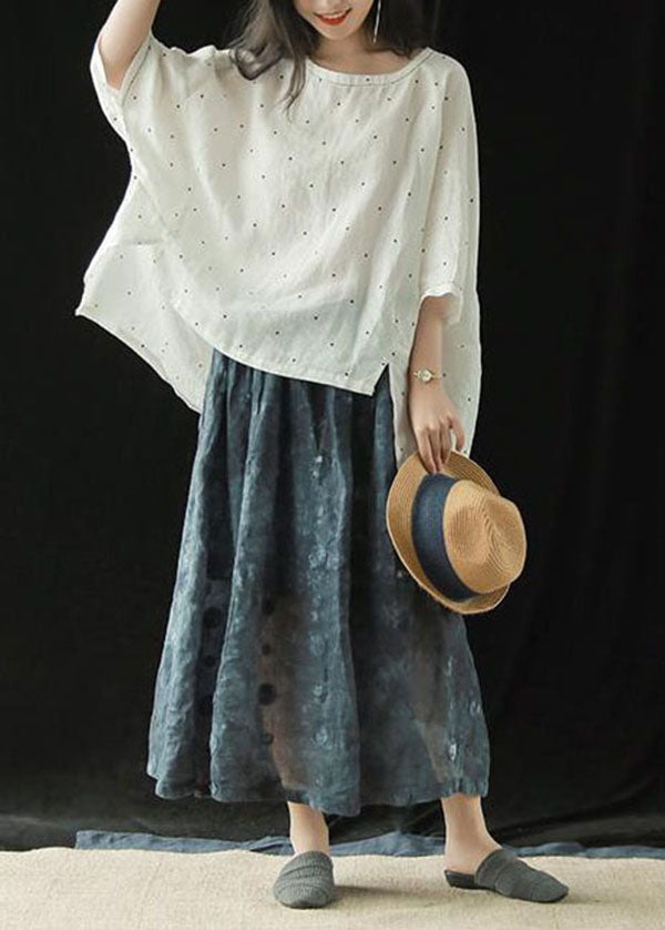 Vintage Navy Wrinkled Pockets Patchwork Linen Skirts Summer