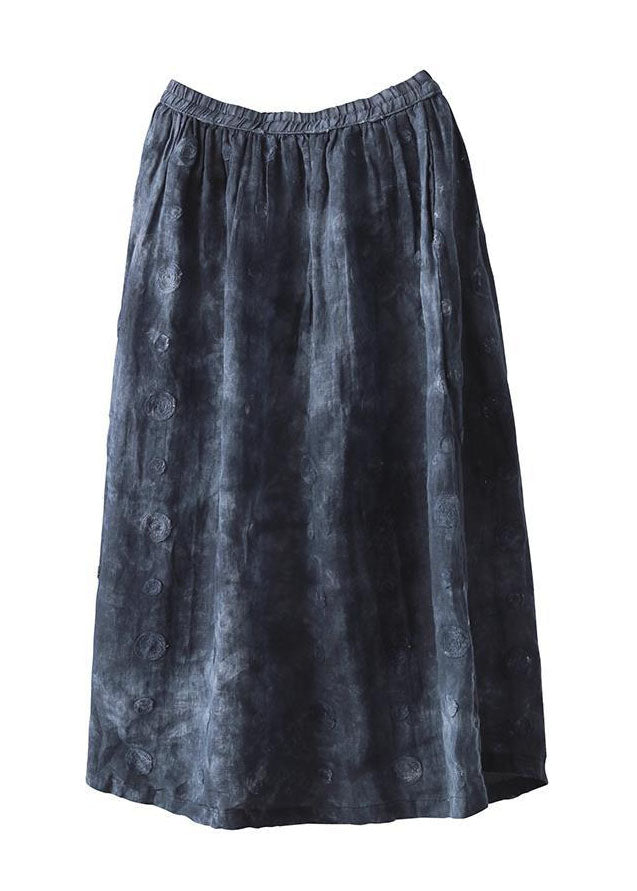 Vintage Navy Wrinkled Pockets Patchwork Linen Skirts Summer
