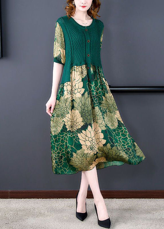 Vintage O-Neck Green Knit Patchwork Print Silk Dresses Summer