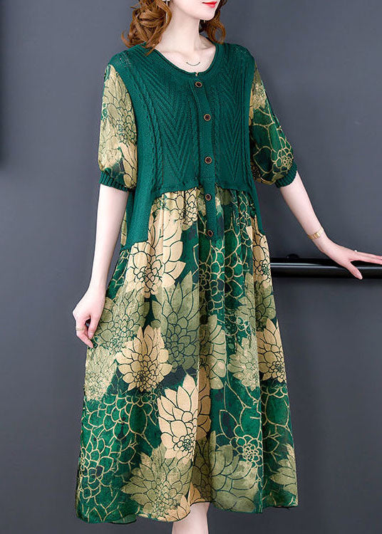 Vintage O-Neck Green Knit Patchwork Print Silk Dresses Summer