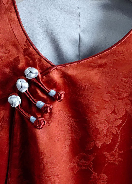 Vintage Orange Chinese Button Jacquard Patchwork Silk Blouses Spring