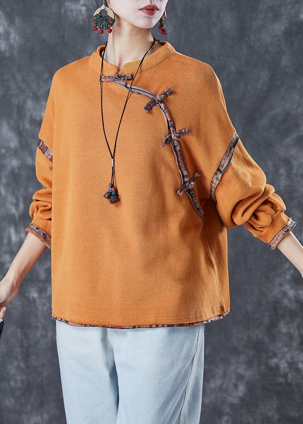 Vintage Orange Chinese Button Patchwork Cotton Shirt Tops Spring