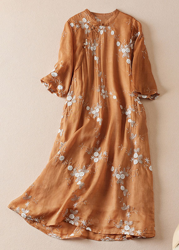 Vintage Orange Embroidered Chinese Button Patchwork Linen Dress Summer - Omychic