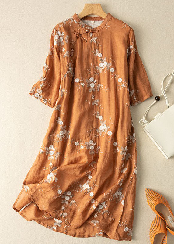 Vintage Orange Embroideried Chinese Button Patchwork Linen Dress Summer
