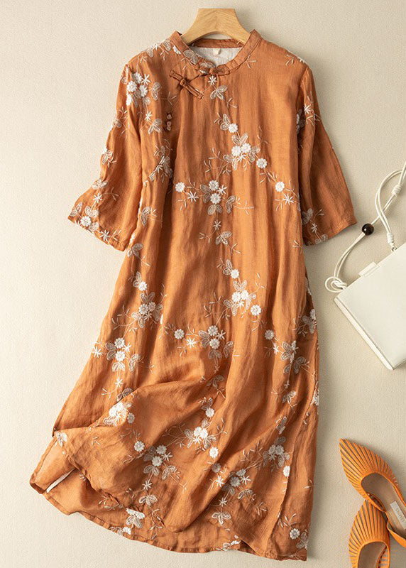 Vintage Orange Embroidered Chinese Button Patchwork Linen Dress Summer - Omychic
