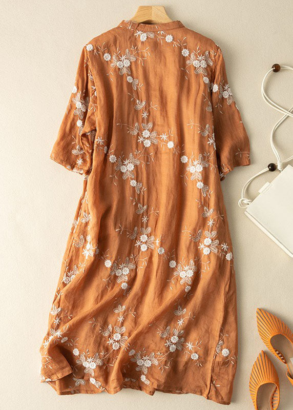 Vintage Orange Embroidered Chinese Button Patchwork Linen Dress Summer - Omychic