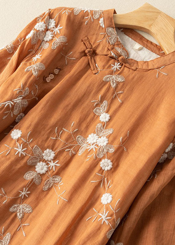 Vintage Orange Embroidered Chinese Button Patchwork Linen Dress Summer - Omychic