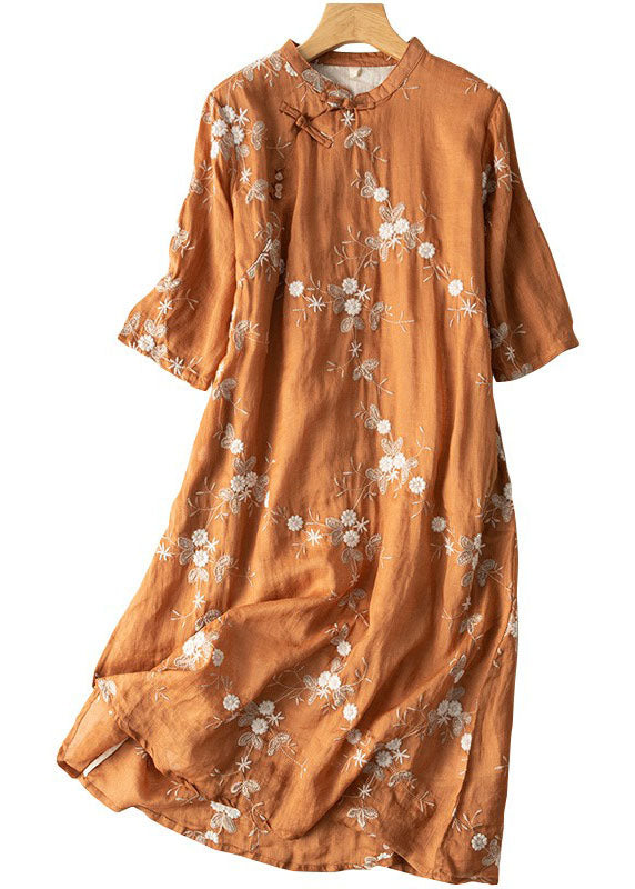 Vintage Orange Embroidered Chinese Button Patchwork Linen Dress Summer - Omychic