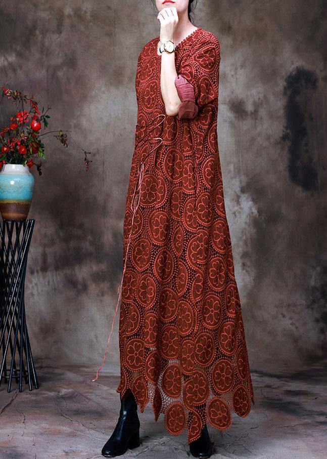 Vintage Orange Embroideried asymmetrical design Fall Dress Long sleeve - Omychic