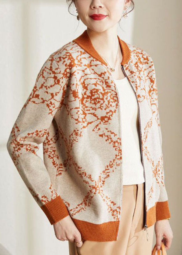 Vintage Orange O-Neck Embroideried Warm Woolen Coat Long Sleeve