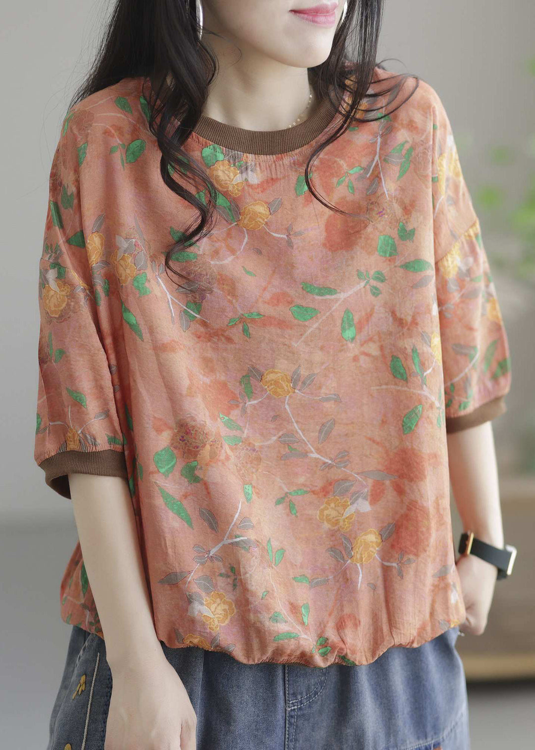 Vintage Orange O Neck Patchwork Cotton T Shirt Top Summer