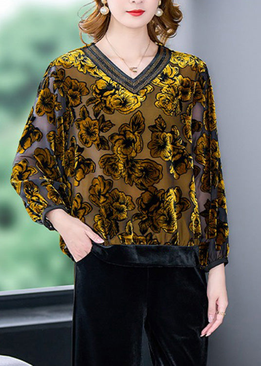 Vintage Orange O-Neck Print Lace Patchwork Tulle Top Long Sleeve