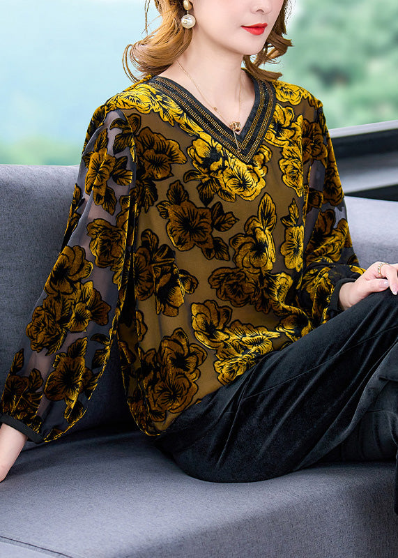 Vintage Orange O-Neck Print Lace Patchwork Tulle Top Long Sleeve