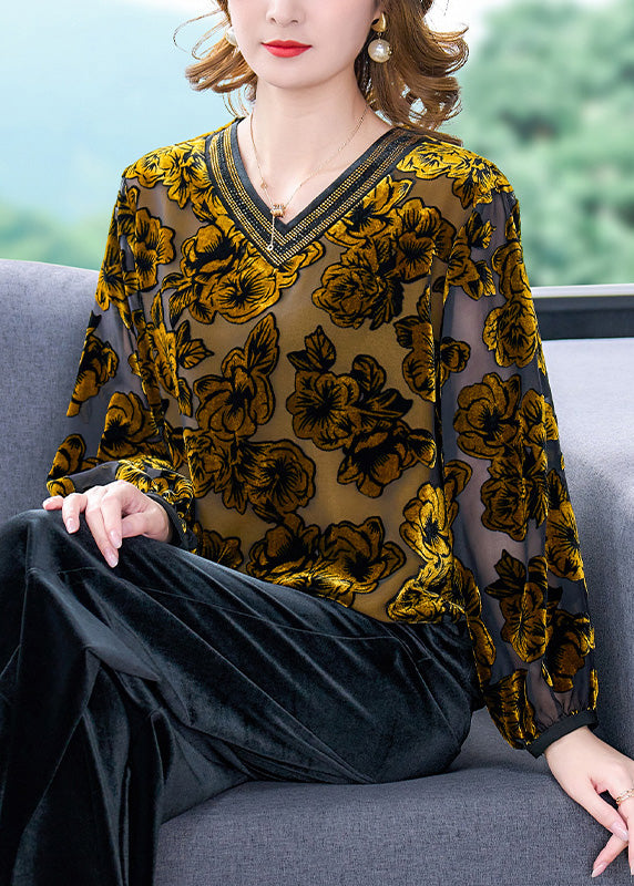 Vintage Orange O-Neck Print Lace Patchwork Tulle Top Long Sleeve