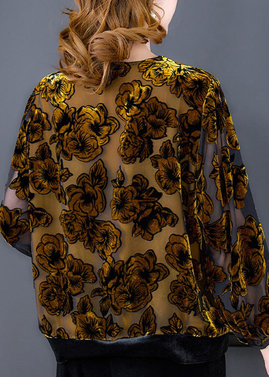 Vintage Orange O-Neck Print Lace Patchwork Tulle Top Long Sleeve