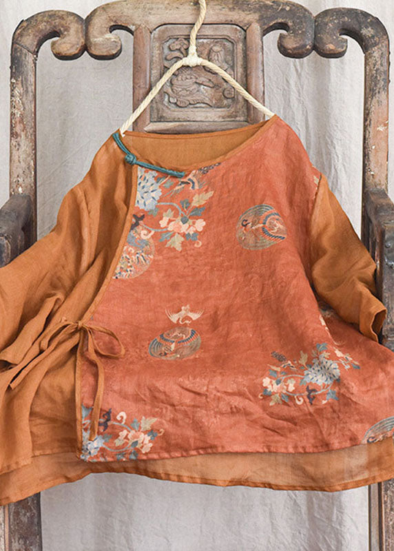 Vintage Orange Print Chinese Button Lace Up Patchwork Linen Shirt Summer