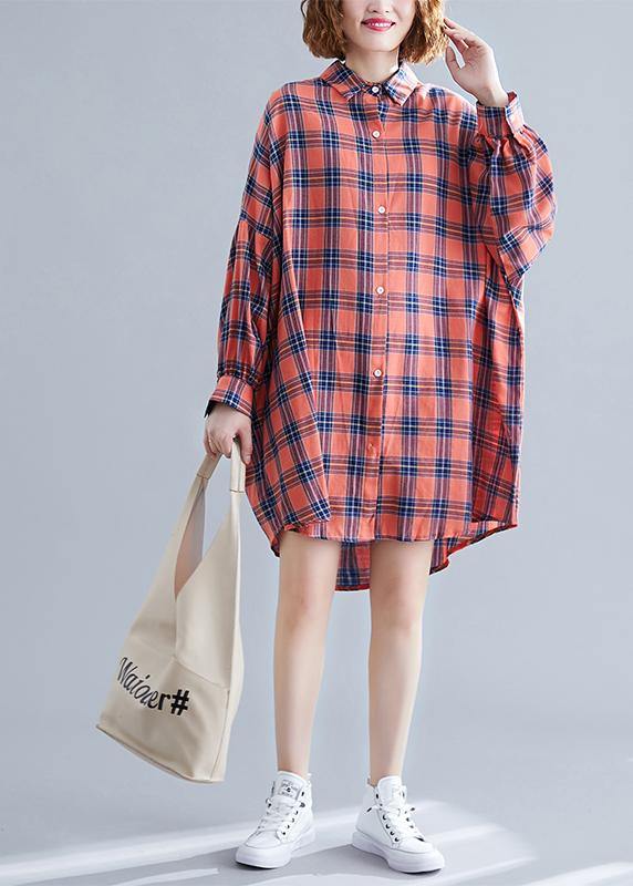 Vintage Orange Stand Collar Plaid Tops Spring - Omychic